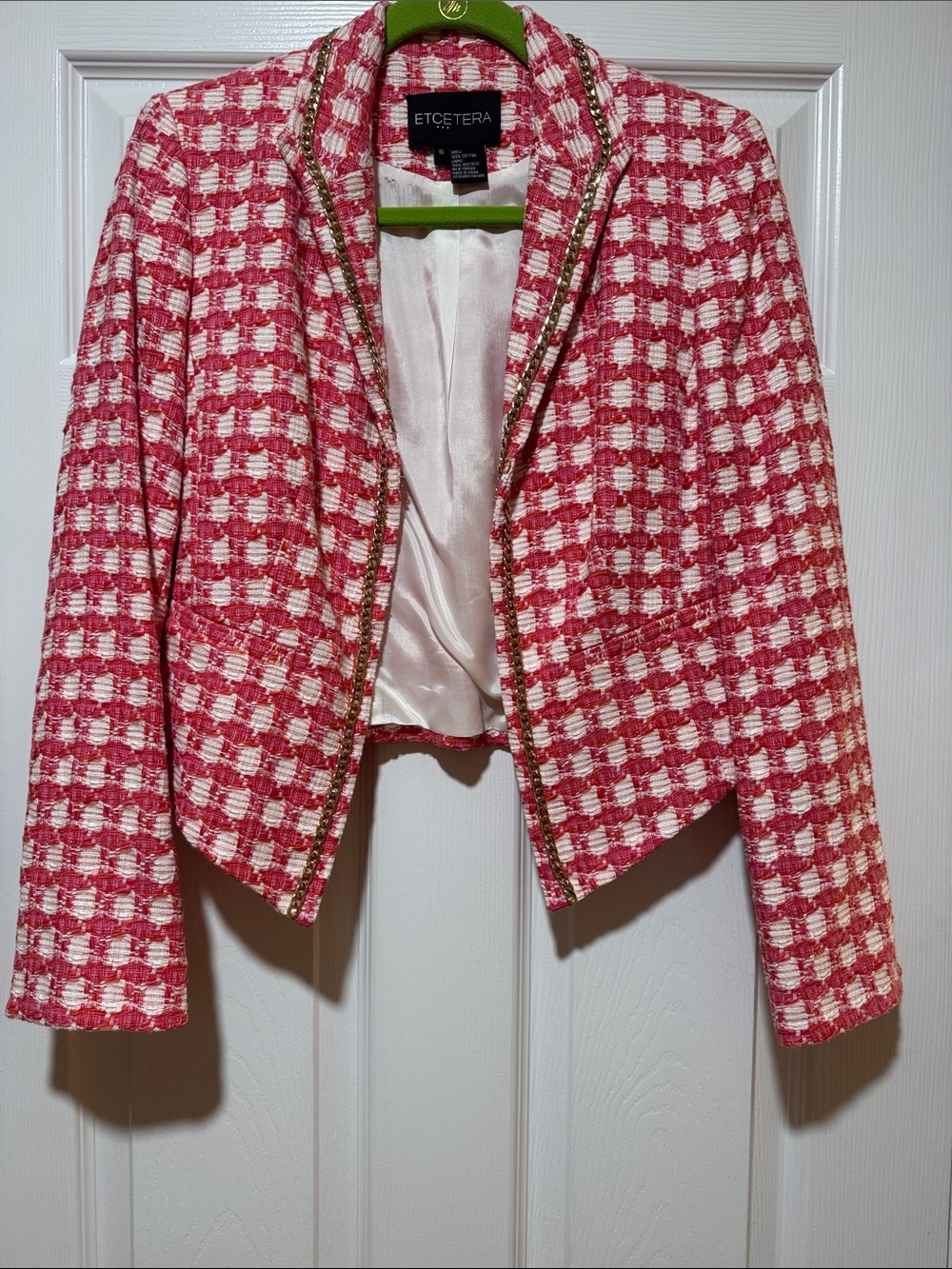 Etcetera Pink & White Tweed Open-Front Cropped Jacket with gold chain trim, sz 6